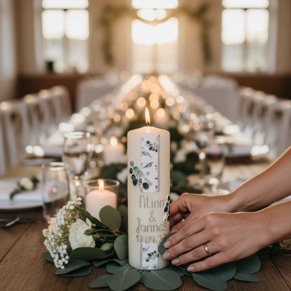 Hochzeitskerze 25x7cm Alina und Jannes Eukalyptus
