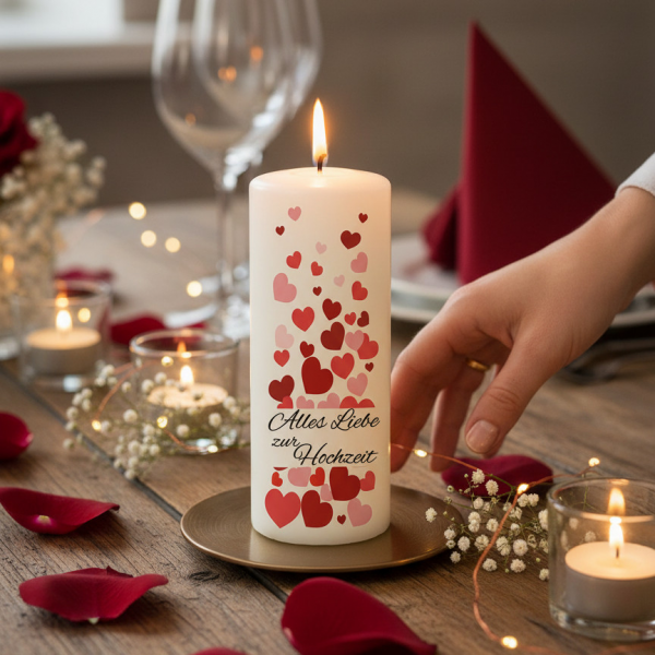 Hochzeitskerze 15x6cm Alles Liebe zur Hochzeit Herzen