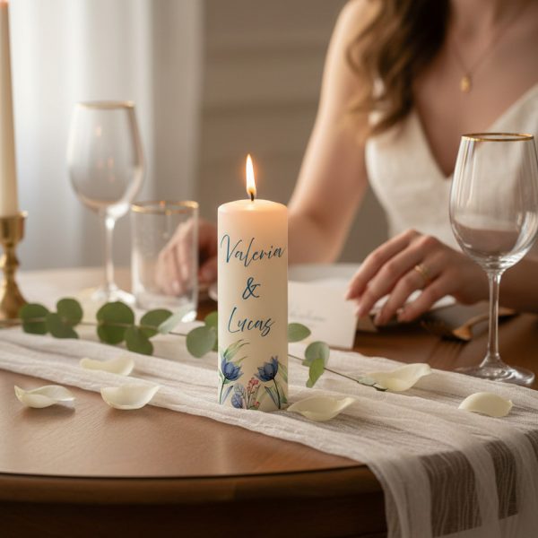 Hochzeitskerze 20x7cm Valeria u. Lukas Blaue Blumen
