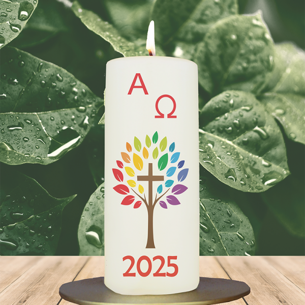 Osterkerze 15x6cm Tischosterkerze Baum bunt