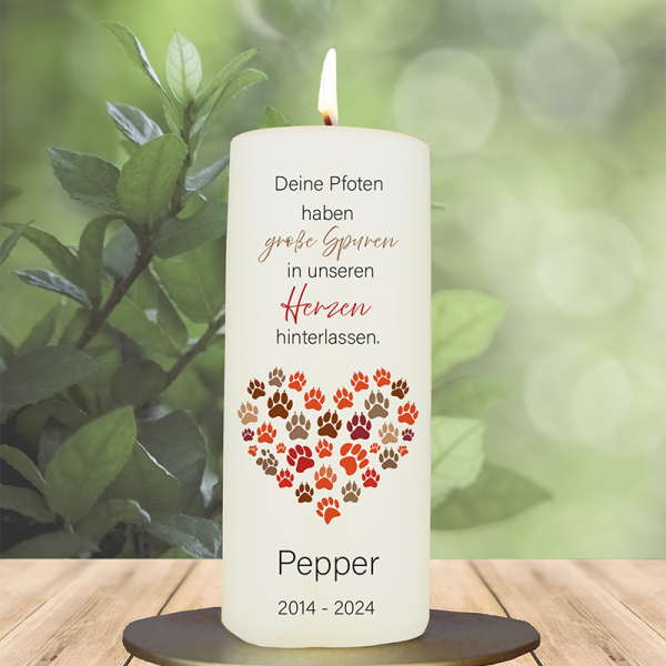 Trauer Tierkerze 15x6cm Pfote 3 Herz