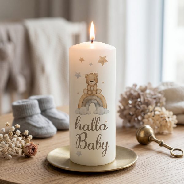 Geburtskerze 15x6cm Hallo Baby Teddy