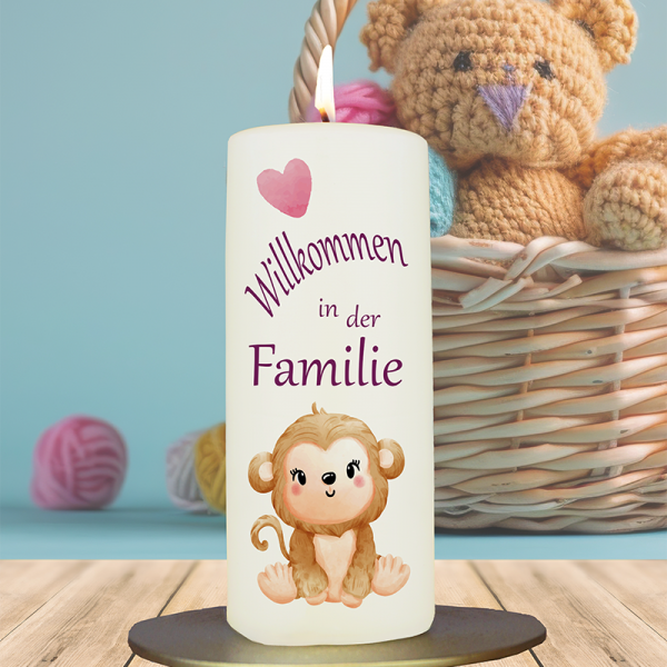 Geburtskerze 15x6cm Willkommen in der Familie Affe