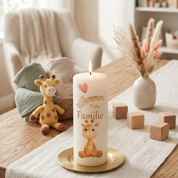 Geburtskerze 15x6cm Willkommen in der Familie Giraffe