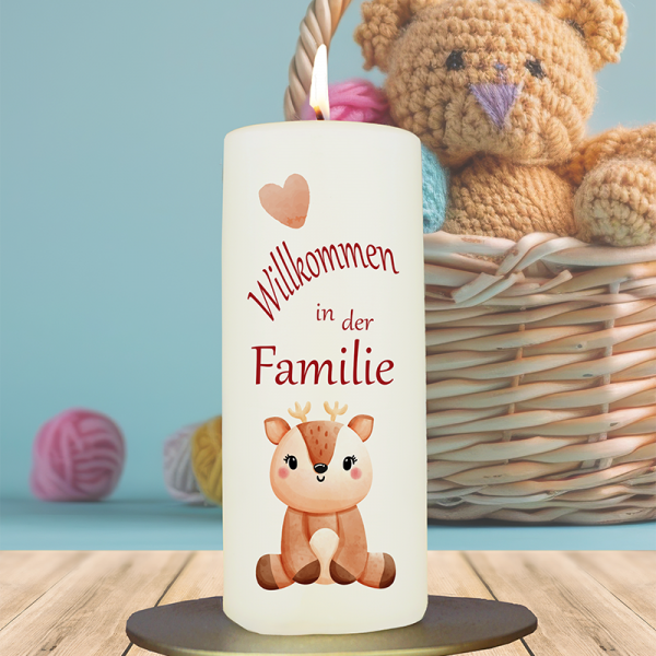 Geburtskerze 15x6cm Willkommen in der Familie Reh