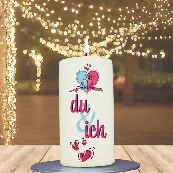 Valentinstagskerze 12x6cm Vögel Du&Ich