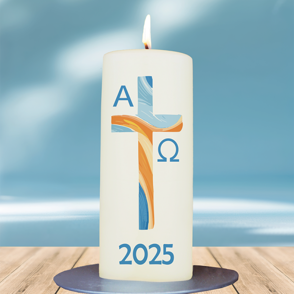 Osterkerze 15x6cm Tischosterkerze blau-orange