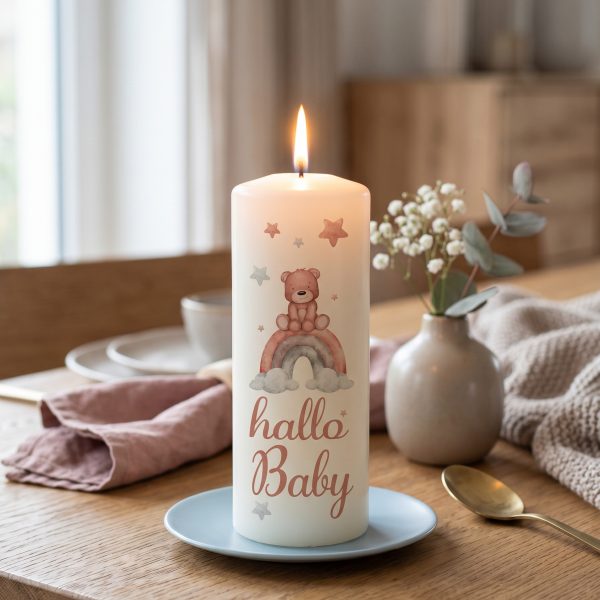 Geburtskerze 15x6cm Hallo Baby Teddy rot