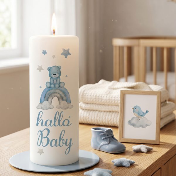 Geburtskerze 15x6cm Hallo Baby Teddy blau