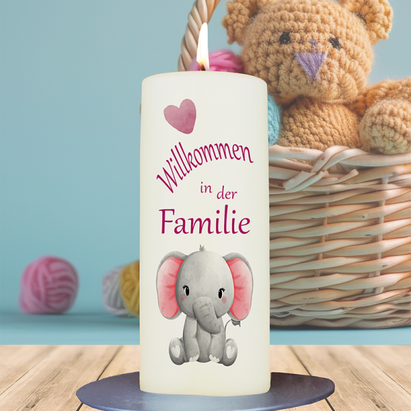 Geburtskerze 15x6cm Willkommen in der Familie Elefant
