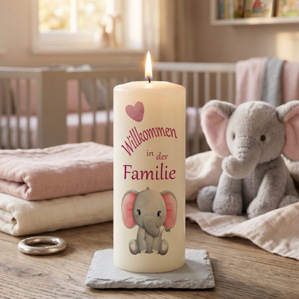 Geburtskerze 15x6cm Willkommen in der Familie Elefant