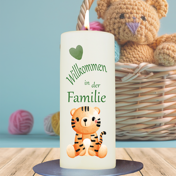 Geburtskerze 15x6cm Willkommen in der Familie Tiger