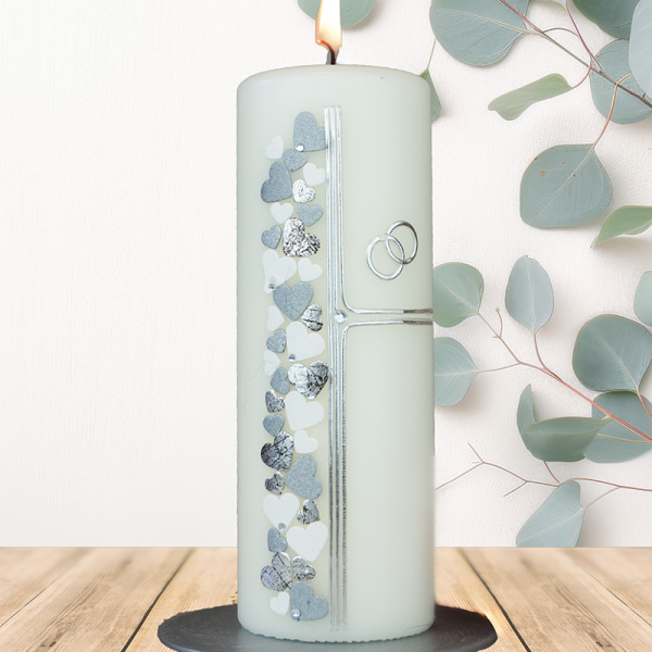 Jubiläumskerze 20x7cm Herzen weiß silber