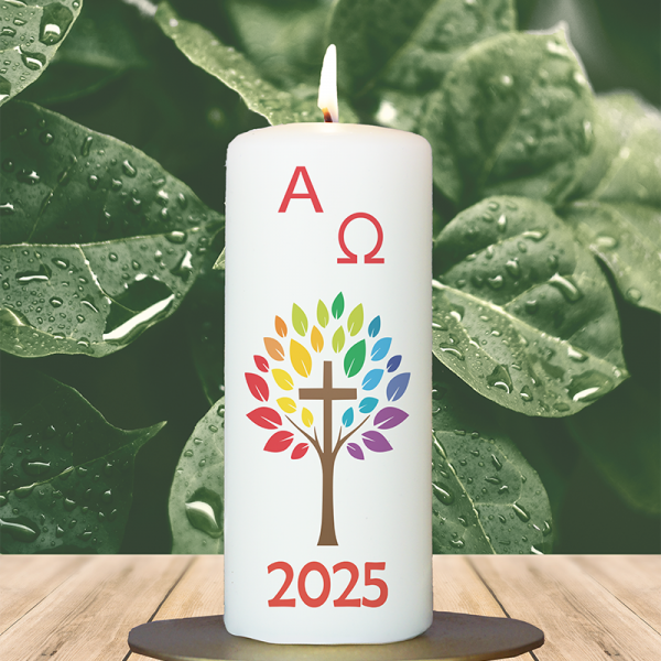 Osterkerze 15x6cm Tischosterkerze Baum bunt