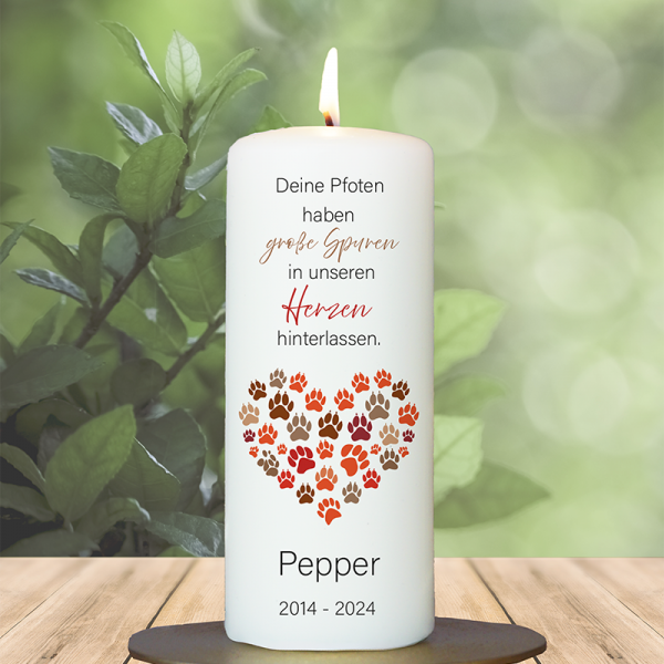 Trauer Tierkerze 15x6cm Pfote 3 Herz