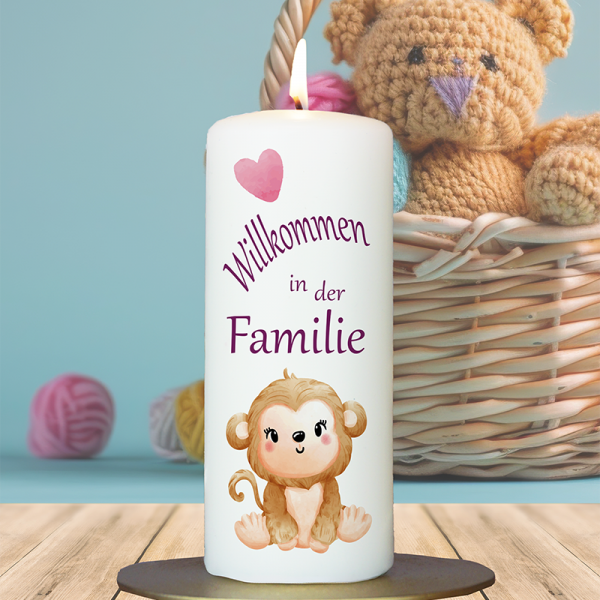 Geburtskerze 15x6cm Willkommen in der Familie Affe