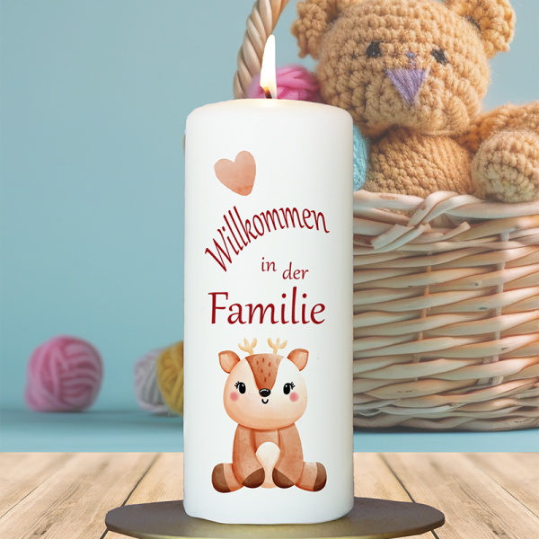 Geburtskerze 15x6cm Willkommen in der Familie Reh