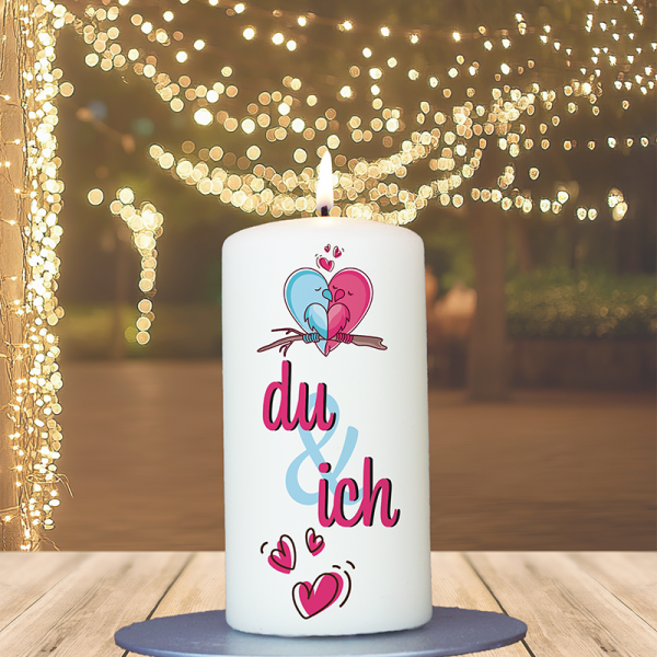 Valentinstagskerze 12x6cm Vögel Du&Ich