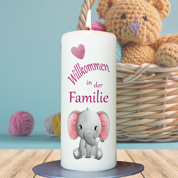 Geburtskerze 15x6cm Willkommen in der Familie Elefant
