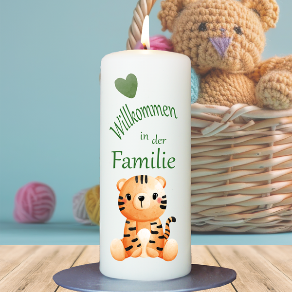 Geburtskerze 15x6cm Willkommen in der Familie Tiger